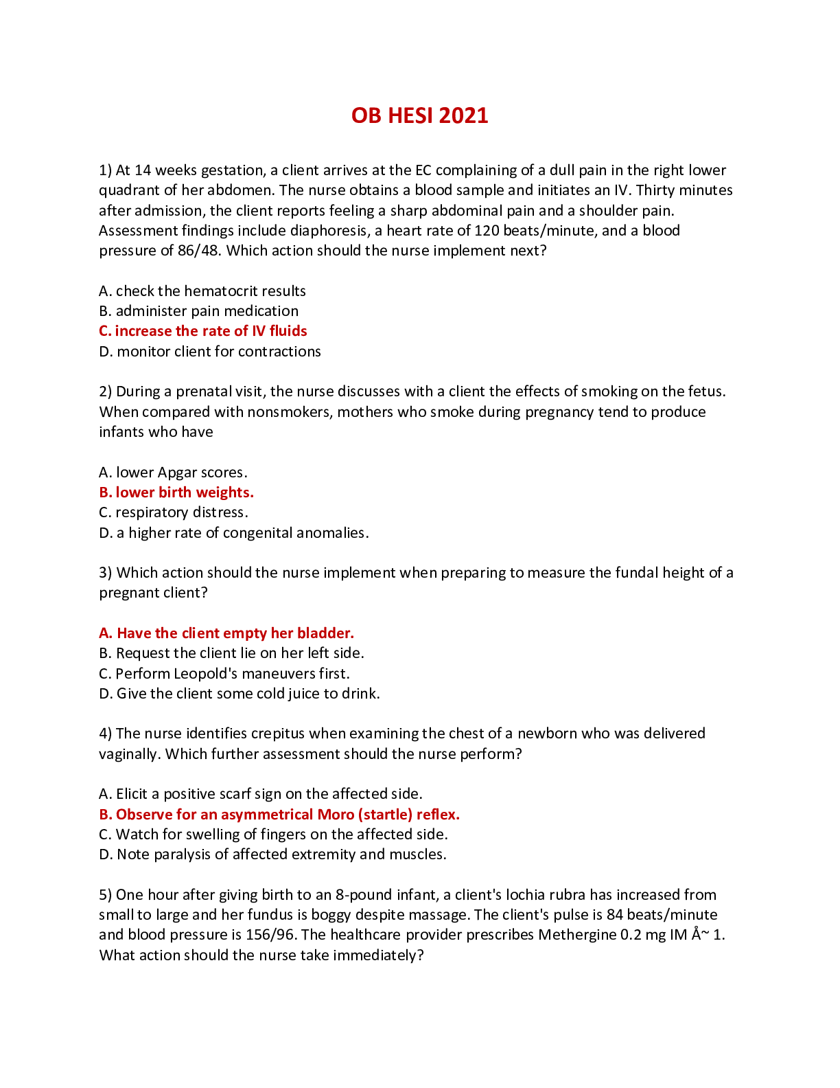 Preview of OB HESI 2021 - 110 QUESTIONS AND CORRECT ANSWERS